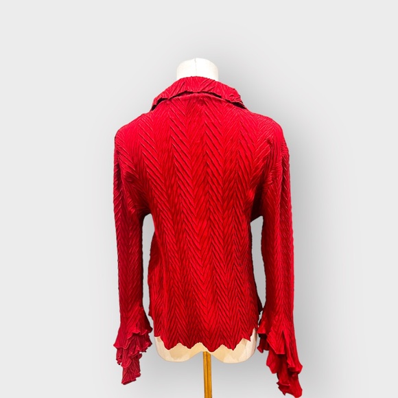 KAMAROV Red Crinkle Textured Flare Sleeve Button Down Shirt (Sz L) - Picture 5 of 6